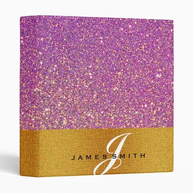 Personalized Pink and Gold Faux Confetti Glitter 3 Ring Binder (Front/Spine)