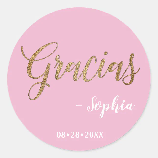 Personalized Pink and Gold Gracias Script Classic Round Sticker | Zazzle