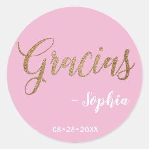 Personalized Pink and Gold Gracias Script Classic Round Sticker