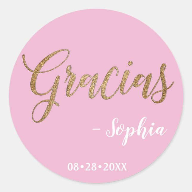 Personalized Pink and Gold Gracias Script Classic Round Sticker (Front)