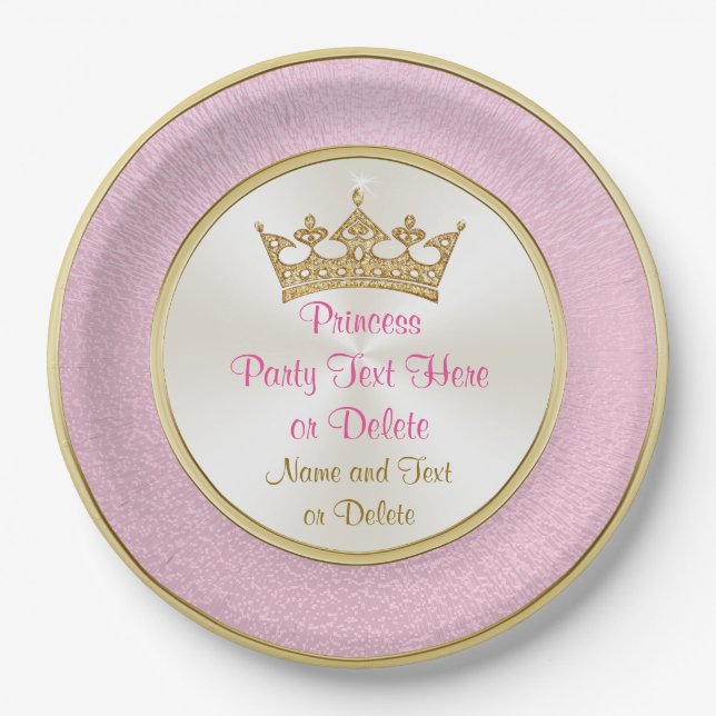 Personalized Pink and Gold Princess Paper Plates (Front)