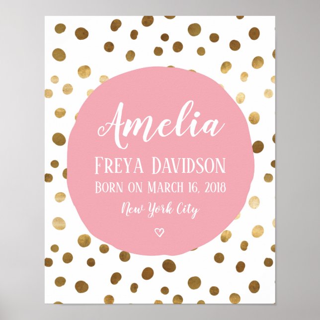 Personalized Pink and gold spot birth poster print (Front)