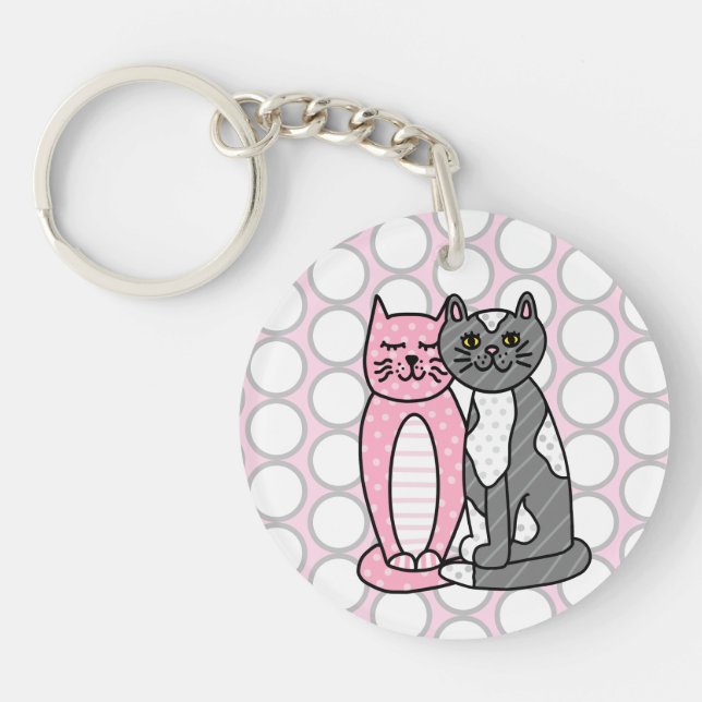 Personalized Pink and Gray Cuddly Cute Kitty Cats  Keychain (Front)