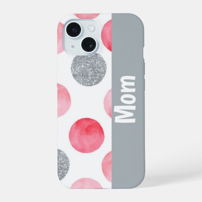 Personalized Pink and Gray Dot iPhone 15 Case (Back)