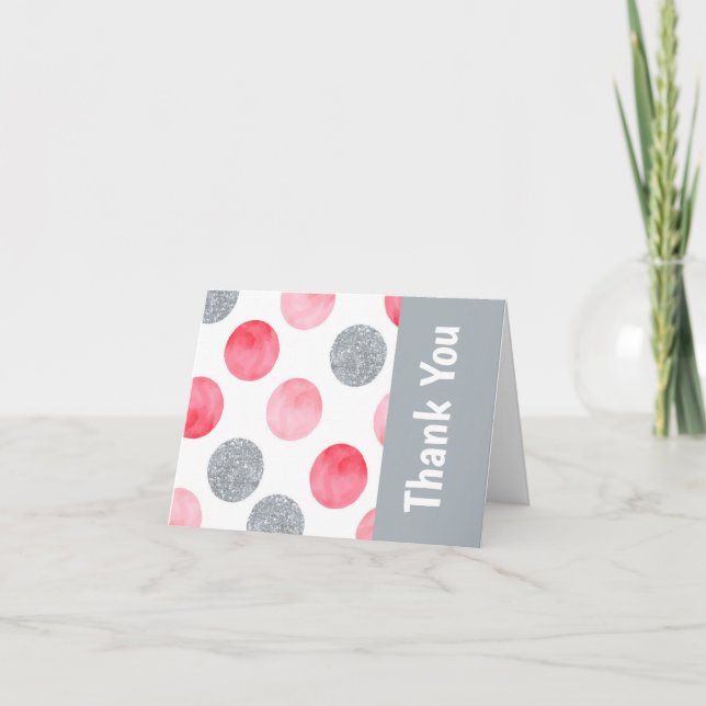 Personalized Pink and Gray Dot  Letterpress Thank You Card (Front)