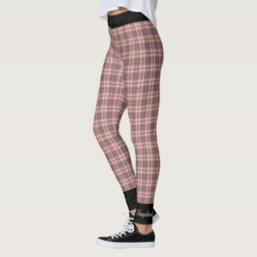 Personalized Pink and Gray Plaid with Black Trim Leggings