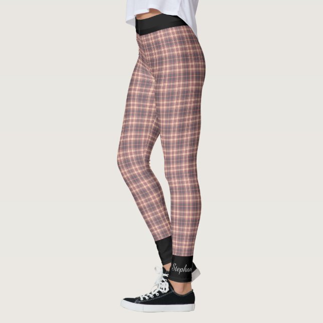 Personalized Pink and Gray Plaid with Black Trim Leggings (Left)