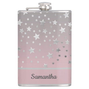 Personalized Pink And Gray Stars Stylish Chic  Flask