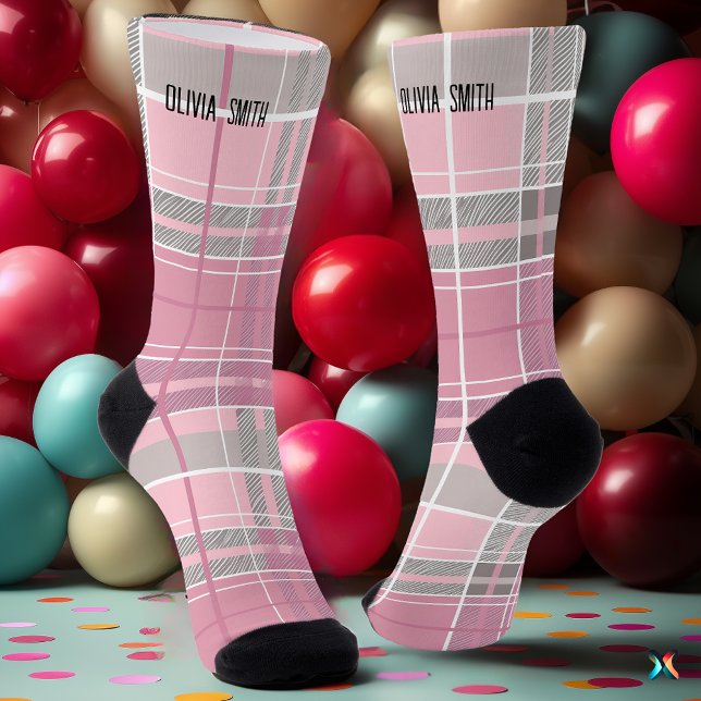 Personalized Pink and Gray Tartan Plaid Custom Socks (Creator Uploaded)