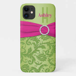 Personalized Pink and Green Damask iPhone 11 Case