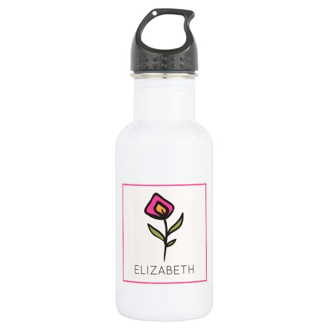 Personalized Pink and Green Long Stem Wildflower Water Bottle (Front)