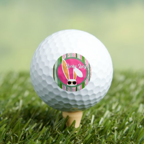 Personalized Pink and Green Lucky White Rabbit Golf Balls
