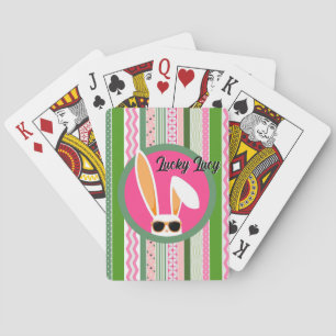 Personalized Pink and Green Lucky White Rabbit Poker Cards