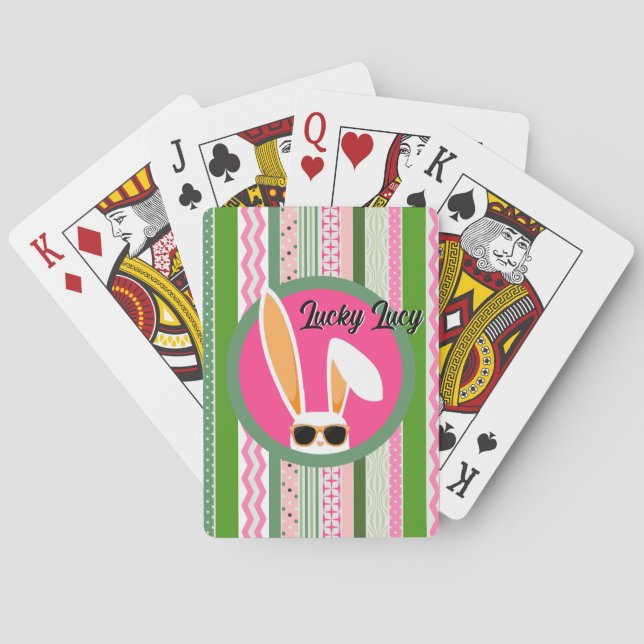 Personalized Pink and Green Lucky White Rabbit Poker Cards (Back)