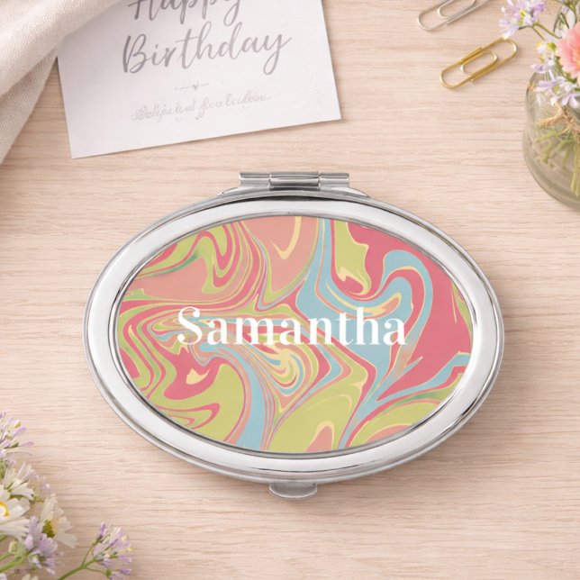 Personalized Pink and Green Marble Compact Mirror (Creator Uploaded)