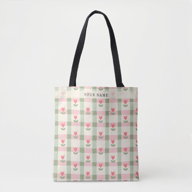 Personalized Pink and Green Plaid Tulip Gingham Tote Bag (Front)