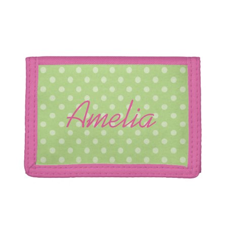 Personalized Pink And Green Polkadots Girls Wallet