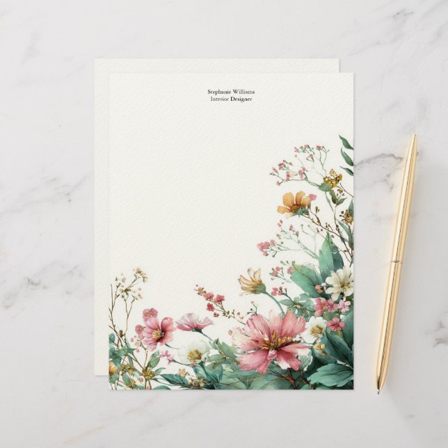 Personalized Pink and Green Wildflowers Florals  Letterhead (Front/Back In Situ)