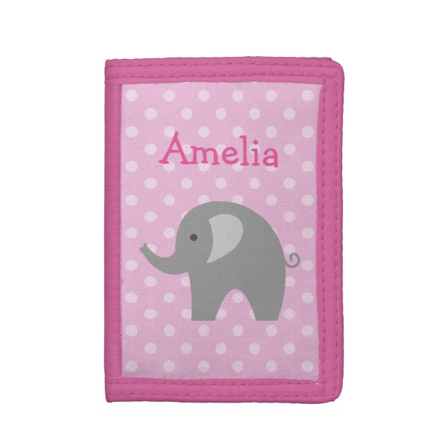 Personalized pink and grey elephant girls wallet (Front Vertical)