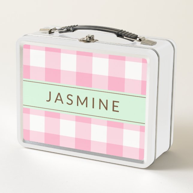 Personalized Pink and Mint Gingham Metal Lunchbox (Front)