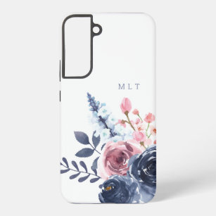 Personalized Pink And Navy Blue Floral Monogram Samsung Galaxy S22+ Case