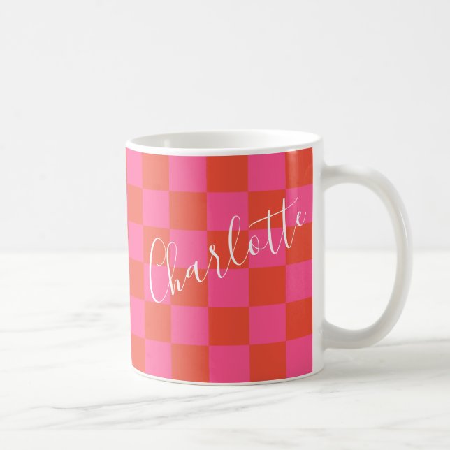 Personalized Pink and Orange Checkerboard Pattern  Coffee Mug (Right)