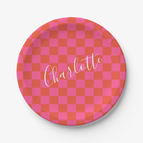 Personalized Pink and Orange Checkerboard Pattern Paper Plates