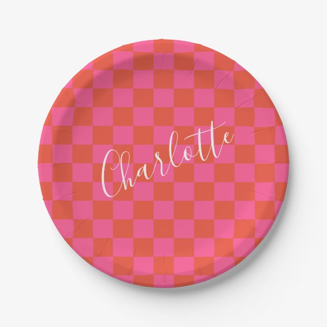 Personalized Pink and Orange Checkerboard Pattern Paper Plates (Front)