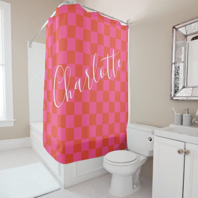 Personalized Pink and Orange Checkerboard Pattern Shower Curtain (In Situ)