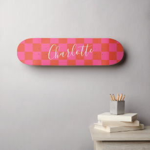 Personalized Pink and Orange Checkerboard Pattern  Skateboard