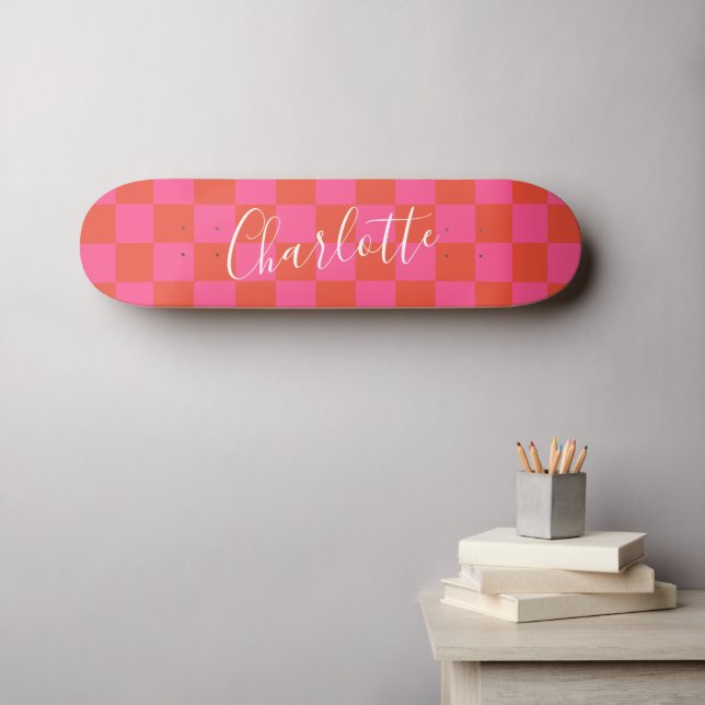 Personalized Pink and Orange Checkerboard Pattern  Skateboard (Wall Art (Horz))