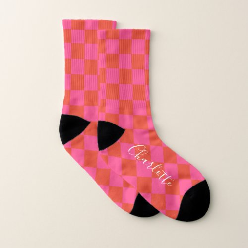 Personalized Pink and Orange Checkerboard Pattern  Socks