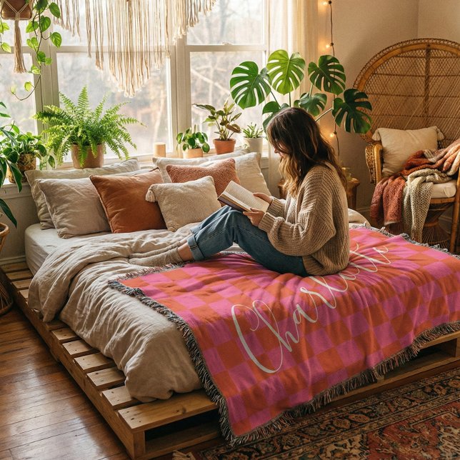 Personalized Pink and Orange Checkerboard Pattern  Throw Blanket (Creator Uploaded)