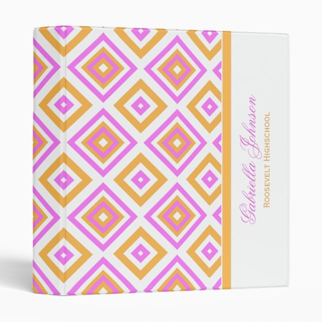 Personalized: Pink And Orange Diamond Print Binder (Front/Spine)