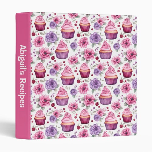 Personalized Pink and Purple Cupcakes and Flowers 3 Ring Binder