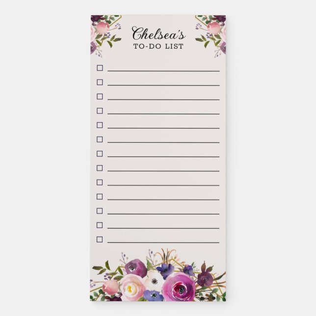 Personalized Pink and Purple Floral To Do List Magnetic Notepad (Front)