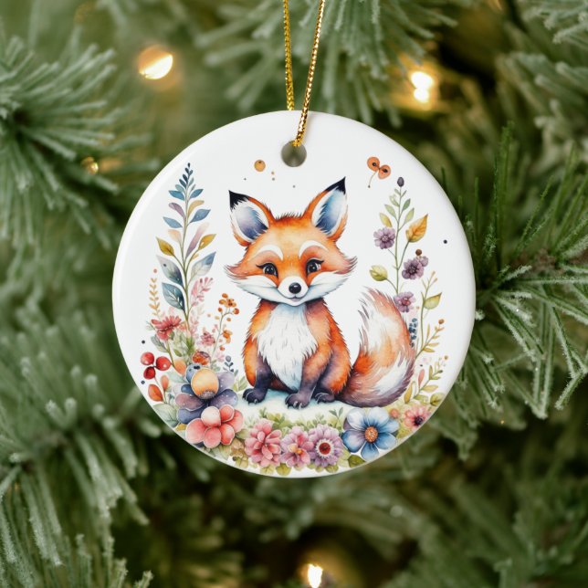 Personalized Pink and Purple Flowers and Baby Fox Ceramic Ornament (Tree)