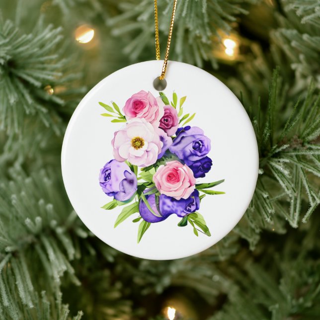 Personalized Pink and Purple Flowers Christmas Ceramic Ornament (Tree)