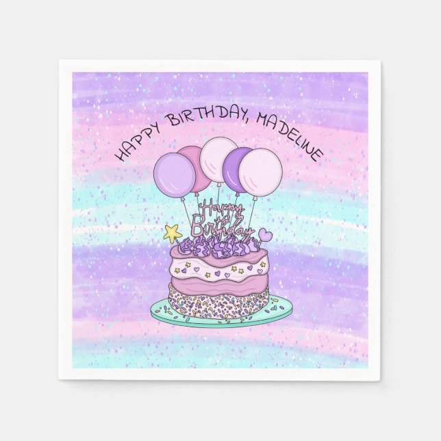 Personalized Pink and Purple Happy Birthday   Napkins (Front)