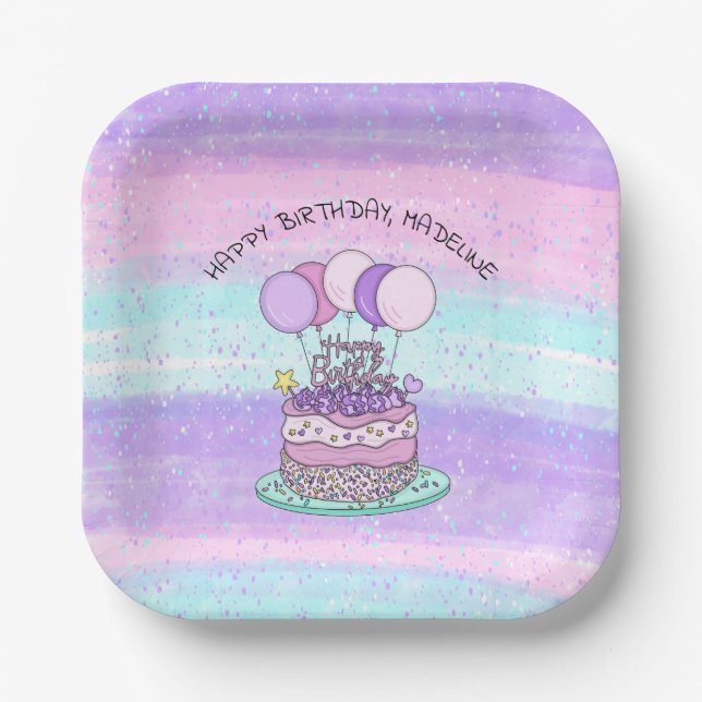 Personalized Pink and Purple Happy Birthday  Paper Plates (Front)