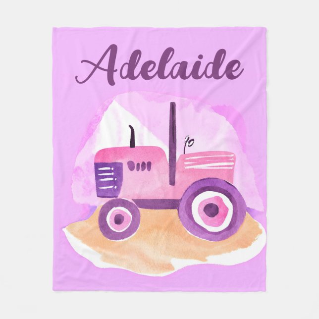 Personalized Pink and Purple Tractor Blanket (Front)