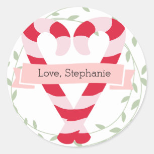 Personalized Pink and Red Candy Cane Classic Round Sticker
