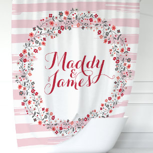 Personalized Pink and Red Floral Wreath Shower Curtain