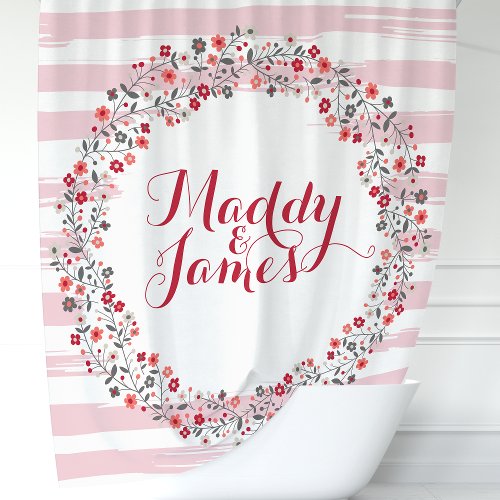 Personalized Pink And Red Floral Wreath Shower Curtain