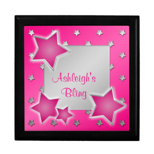 Personalized Pink and Silver Stars Trinket Box