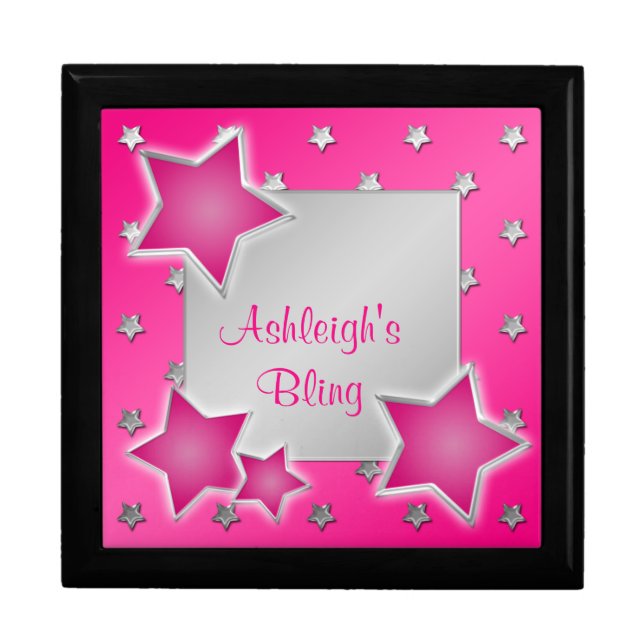 Personalized Pink and Silver Stars Trinket Box (Front)