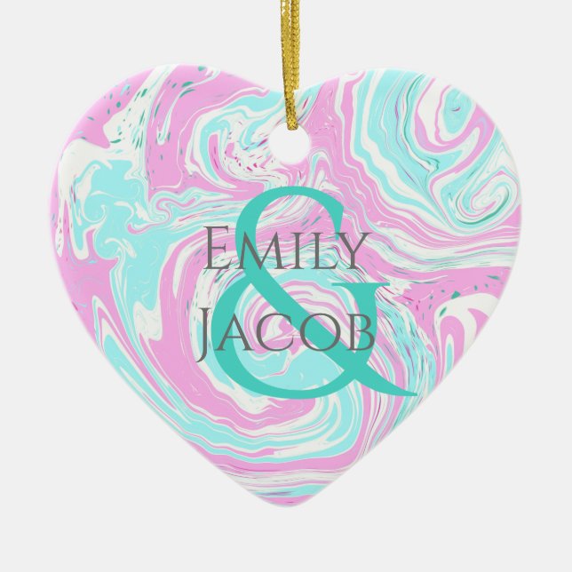 Personalized Pink and Teal Heart  Christmas Ceramic Ornament (Front)