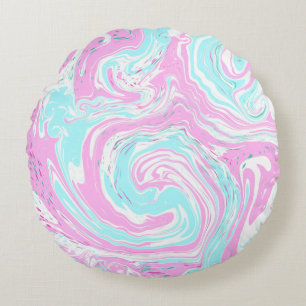 Personalized Pink and Teal Marble Swirl Fluid Art Round Pillow