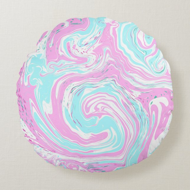Personalized Pink and Teal Marble Swirl Fluid Art Round Pillow (Front)