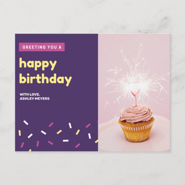 Personalized - Pink and Violet Cupcake Birthday Postcard (Front)